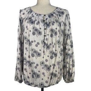 Lucky BRAND BOHO LONG SLEEVE PLEATED HENLEY BLOUSON FLORAL TOP‎ MULTI LARGE EUC